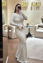 VESTIDO LONGO DE LANTEJOULAS CHAMPAGNE PONTO CHIC