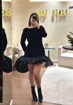VESTIDO DE VELUDO COM FOLHO NA BAINHA PRETO RINASCIMENTO