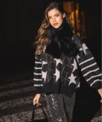 MALHA TRICOT PRETA COM ESTRELAS PRATEADAS