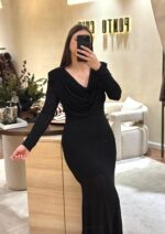 VESTIDO PRETO DRAPEADO COM BRILHOS PONTO CHIC - Image 7