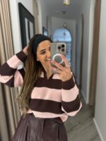 POLO DE MALHA ÀS RISCAS CASTANHO E ROSA PONTO CHIC - Image 2