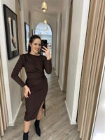 VESTIDO COM DRAPEADO CASTANHO PONTO CHIC