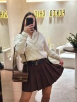 SAIA PLISSADA CASTANHA COM CINTO DUPLO PONTO CHIC