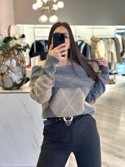 CAMISOLA DE MALHA PADRÃO LOSANGOS CINZA PONTO CHIC