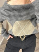 CAMISOLA DE MALHA PADRÃO LOSANGOS CINZA PONTO CHIC - Image 5