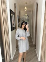 VESTIDO DE MALHA CINZA COM BOTÃO DOURADO PONTO CHIC - Image 3