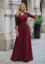 VESTIDO BORDEAUX LONGO RENDADO COM MANGA TRÊS QUARTOS PONTO CHIC