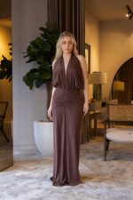 VESTIDO LONGO CASTANHO DRAPEADO LANÇA PERFUME