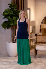 VESTIDO COMPRIDO AZUL MARINHO E VERDE LANÇA PERFUME