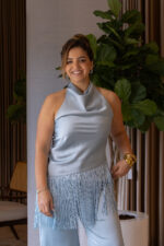 TOP AZUL COM DECOTE DRAPEADO E FRANJAS IMPERIAL