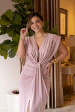 VESTIDO MIDI ROSA COM DRAPEADO FRONTAL IMPERIAL - Image 4