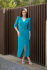 VESTIDO AZUL PETRÓLEO MIDI COM DECOTE EM V PONTO CHIC