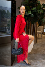 VESTIDO VERMELHO MIDI COM FRANJAS PONTO CHIC
