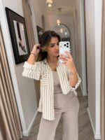 CAMISA ÀS RISCAS BEGE E BRANCO PONTO CHIC