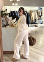 CALÇA FLUIDA COM CINTURA ELÁSTICA BEGE PONTO CHIC - Image 2