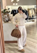 CALÇA FLUIDA COM CINTURA ELÁSTICA BEGE PONTO CHIC