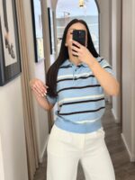 POLO DE MALHA AZUL COM RISCAS EM TONS SUAVES PONTO CHIC - Image 2