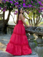 VESTIDO VERMELHO LONGO COM RENDILHADOS E ALÇAS FINAS PONTO CHIC