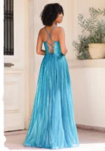 VESTIDO LONGO AZUL METALIZADO COM RACHA E COSTAS CRUZADAS PONTO CHIC - Image 2