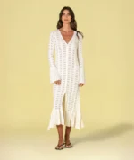 VESTIDO BEGE DE MALHA RENDADA COM BOTÕES RUGA - Image 2