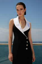 VESTIDO LONGO PRETO COM GOLA BRANCA PONTO CHIC - Image 2