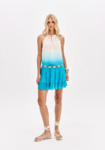 VESTIDO CURTO DEGRADÉ NUDE E AZUL TURQUESA COM FOLHO PLISSADO