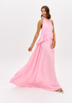 VESTIDO LONGO ROSA COM FOLHO LANÇA PERFUME