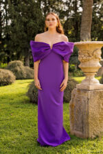 VESTIDO LONGO ROXO COM LAÇO ESTRUTURADO NOS OMBROS PONTO CHIC