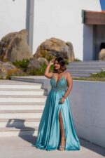 VESTIDO LONGO AZUL COM CORPETE TRABALHADO E RACHA PONTO CHIC