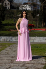 VESTIDO LONGO ROSA COM FOLHO LANÇA PERFUME