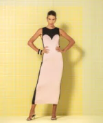 VESTIDO DE MALHA ROSA E PRETO COM RECORTE CORAÇÃO RUGA