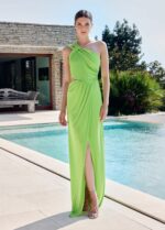 VESTIDO LONGO ASSIMÉTRICO COM FRANZIDO LATERAL PONTO CHIC