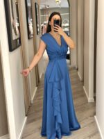 VESTIDO MIDI AZUL COM DECOTE EM V E APLICAÇÃO DE FOLHO PONTO CHIC - Image 3