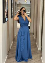 VESTIDO MIDI AZUL COM DECOTE EM V E APLICAÇÃO DE FOLHO PONTO CHIC - Image 2
