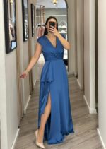 VESTIDO MIDI AZUL COM DECOTE EM V E APLICAÇÃO DE FOLHO PONTO CHIC