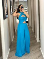 MACACÃO AZUL PLISSADO COM DECOTE CRUZADO RINASCIMENTO