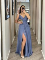 VESTIDO LONGO LILÁS COM DECOTE EM V DRAPEADO PONTO CHIC