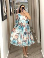 VESTIDO MIDI ESTAMPADO ASSIMÉTRICO COM MANGA UNILATERAL PONTO CHIC