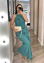 VESTIDO LONGO VERDE COM FOLHO FRONTAL RINASCIMENTO