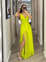VESTIDO LONGO VERDE LIMA COM DECOTE EM V PONTO CHIC