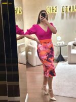 VESTIDO MIDI BICOLOR COM ESTAMPADO ARTÍSTICO PONTO CHIC