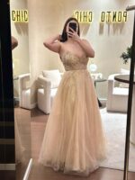 VESTIDO LONGO CHAMPANHE BORDADO COM TULE PONTO CHIC