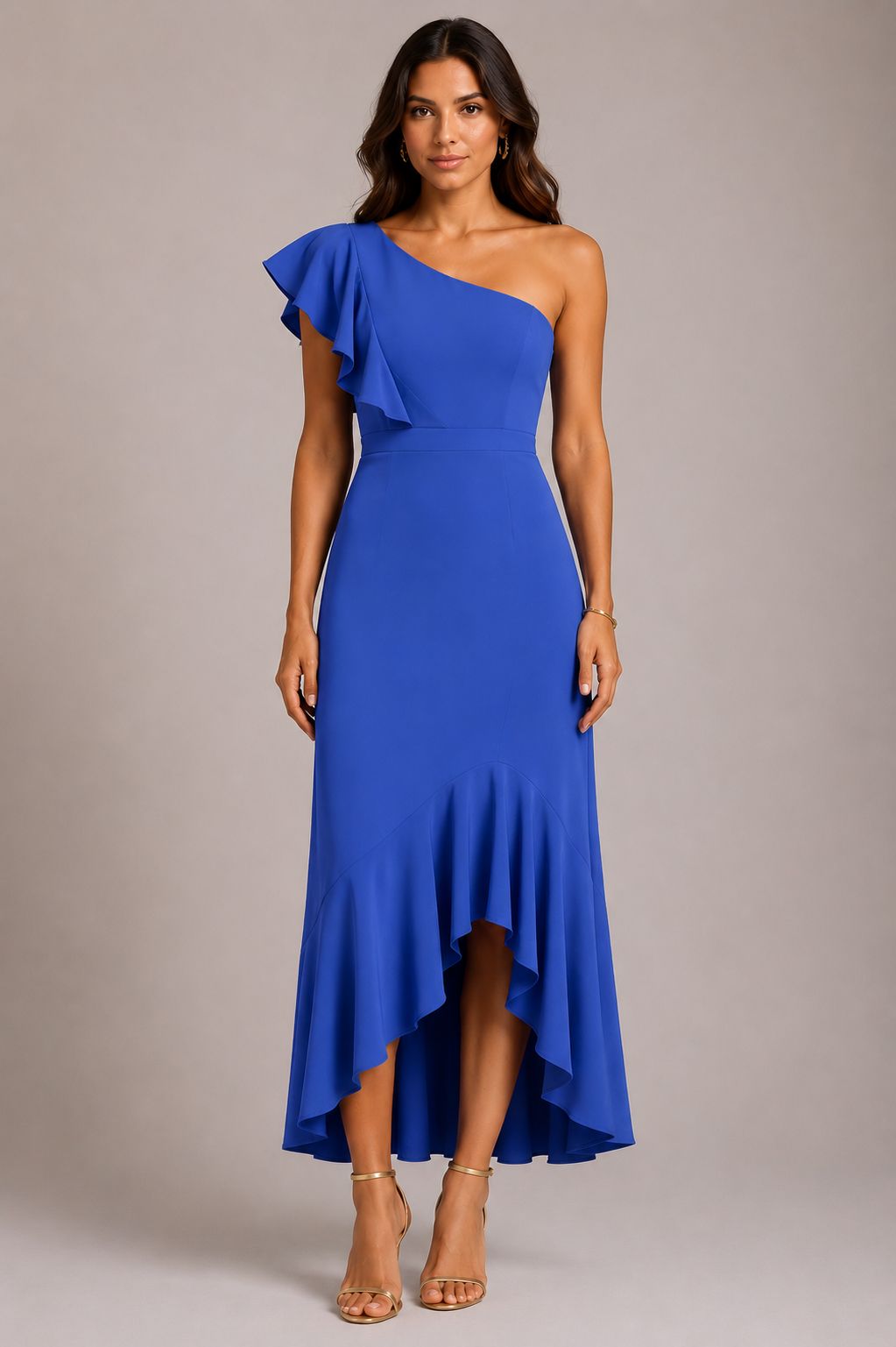 WhatsApp Image 2026-05-28 at 17.56.16 VESTIDO COMPRIDO AZUL ASSIMÉTRICO COM FLOR E CINTO PONTO CHIC - Image 1