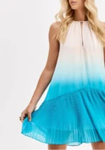 VESTIDO COMPRIDO DEGRADÉ NUDE E AZUL TURQUESA COM FOLHO PLISSADO - Image 3