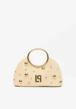 BOLSA DE MÃO EM PALHA COM PEGA DOURADA LANÇA PERFUME
