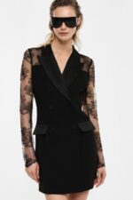 VESTIDO BLAZER PRETO COM RENDA E GOLA EM CETIM IMPERIAL