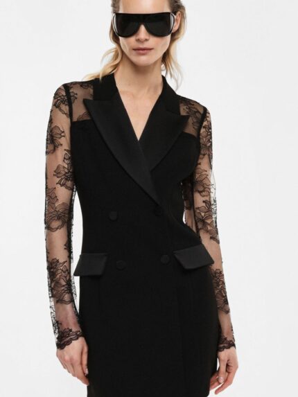 VESTIDO BLAZER PRETO COM RENDA E GOLA EM CETIM IMPERIAL