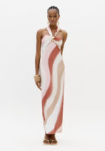 VESTIDO ROSA E CAMEL ACETINADO COM DETALHE DOURADO LANÇA PERFUME