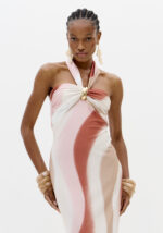 VESTIDO ROSA E CAMEL ACETINADO COM DETALHE DOURADO LANÇA PERFUME - Image 3