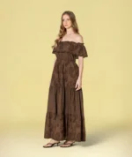 VESTIDO COMPRIDO CASTANHO COM BORDADO INGLÊS RUGA - Image 2